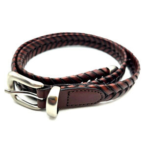 Full Grain Leather Skinny Belt Brown Chevron Pattern Size M 3/4" Wide